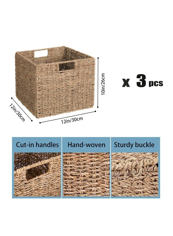 DINGTAI Seagrass Storage Baskets, 12X12X10in Cube Wicker Storage Basket for Shelves, Pantry Baskets Organization and Storage, Kitchen Storage Baskets, Bathroom Shelves Storage Basket, Basket Set of 3 - Image 4
