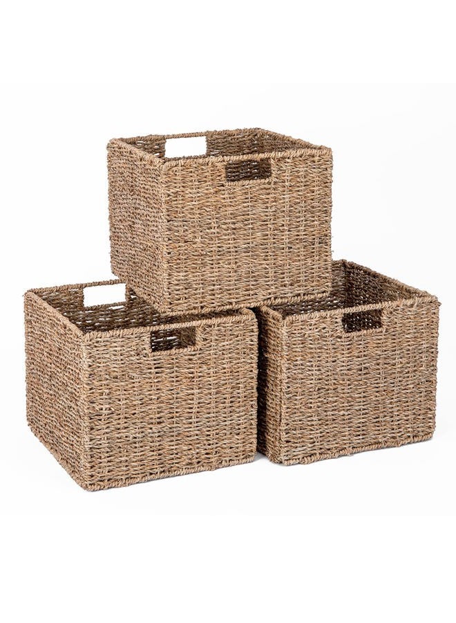 DINGTAI Seagrass Storage Baskets, 12X12X10in Cube Wicker Storage Basket for Shelves, Pantry Baskets Organization and Storage, Kitchen Storage Baskets, Bathroom Shelves Storage Basket, Basket Set of 3 - Image 1