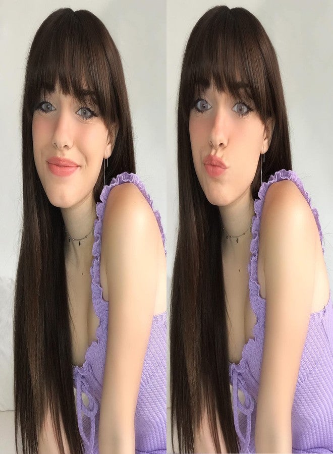 LANOVA Brown Wigs for Women Synthetic Hair Afro Brown Wig with Bangs Realistic Looking Chocolate Wig 20 inch LANOVA-128 - Image 1