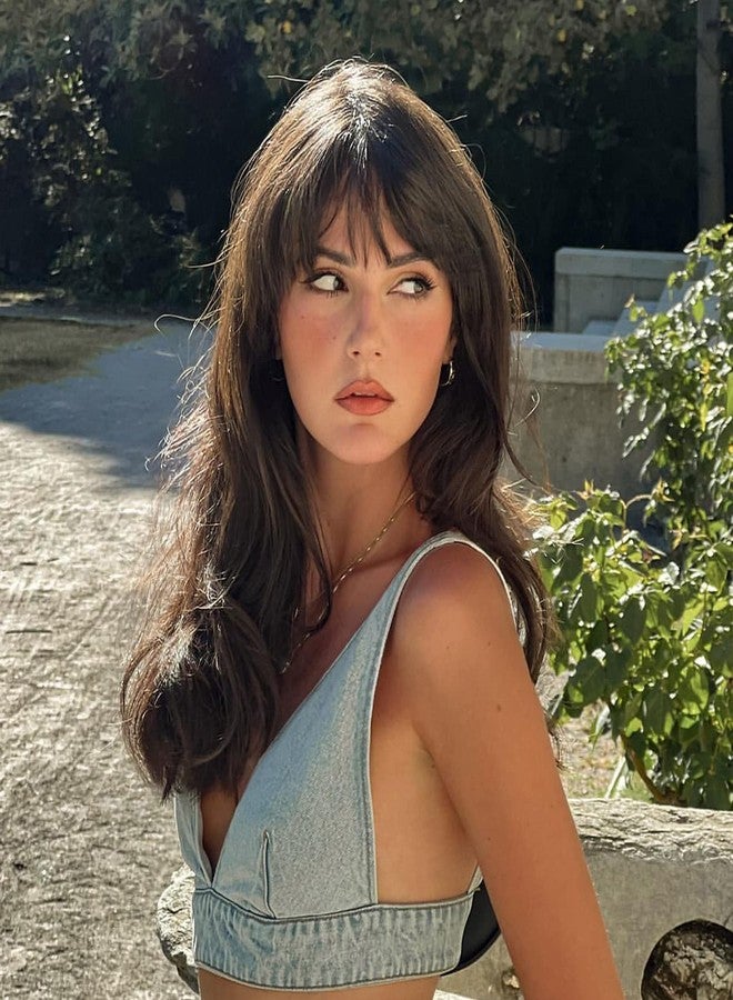 LANOVA Brown Wigs for Women Synthetic Hair Afro Brown Wig with Bangs Realistic Looking Chocolate Wig 20 inch LANOVA-128 - Image 2