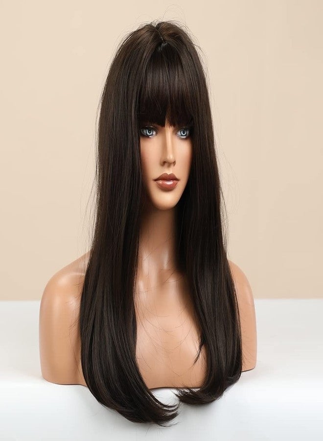 LANOVA Brown Wigs for Women Synthetic Hair Afro Brown Wig with Bangs Realistic Looking Chocolate Wig 20 inch LANOVA-128 - Image 4