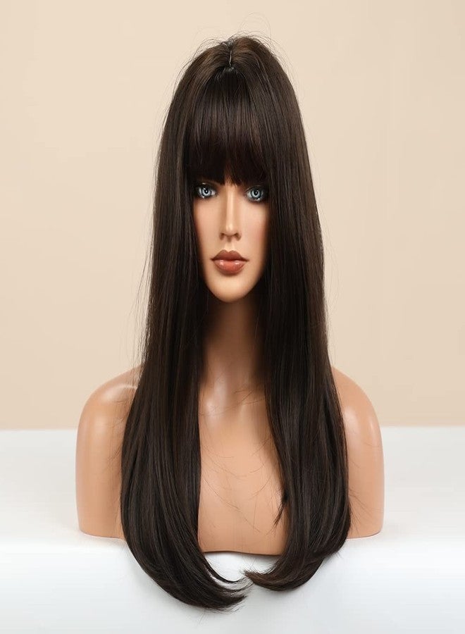 LANOVA Brown Wigs for Women Synthetic Hair Afro Brown Wig with Bangs Realistic Looking Chocolate Wig 20 inch LANOVA-128 - Image 3