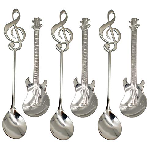 Maydahui 6 PCS Guitar Spoons Music Note Teaspoon Set 1810304 Stainless Steel Musical Notation Dessert Spoon for Coffee Stirring Drink Mixing Jam