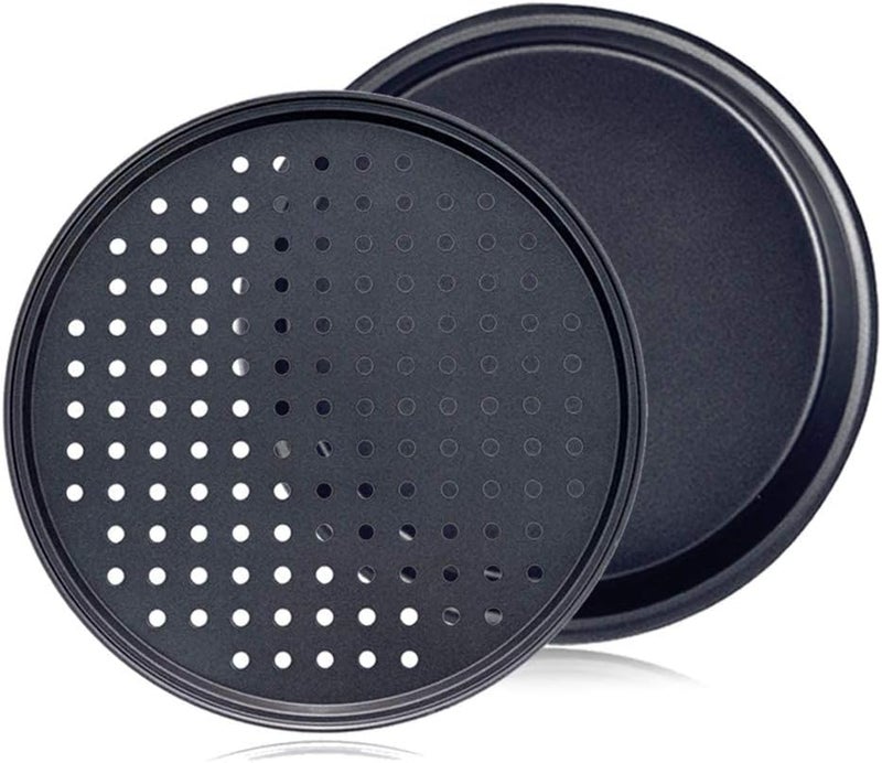 No brands Pizza Pan 12" Pizzas Baking Crisper Tray Non-Stick Bakeware Plate Professional Carbon Steel Pie Pan for Oven 2 Set (one Hole and one Non Hole) - Image 2