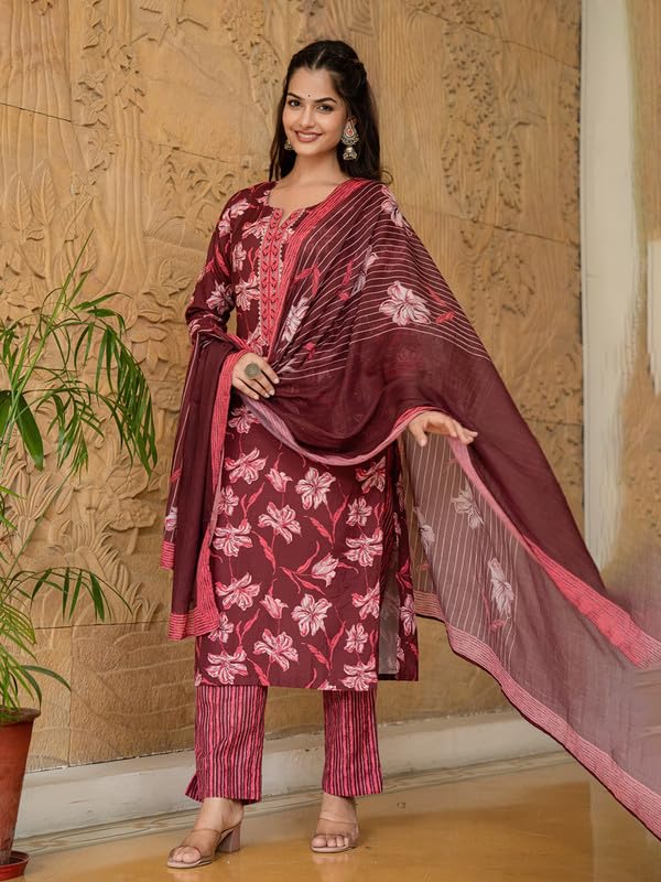 Vaamsi Women's Floral Straight Printed Kurta Pant With Dupatta Set (VKSKD2266_M_Maroon) - Image 3