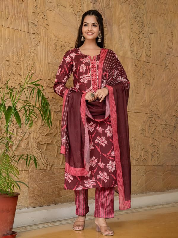 Vaamsi Women's Floral Straight Printed Kurta Pant With Dupatta Set (VKSKD2266_M_Maroon) - Image 5