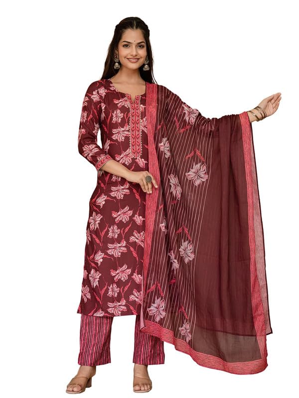 Vaamsi Women's Floral Straight Printed Kurta Pant With Dupatta Set (VKSKD2266_M_Maroon) - Image 1