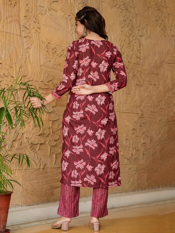 Vaamsi Women's Floral Straight Printed Kurta Pant With Dupatta Set (VKSKD2266_M_Maroon) - Image 4