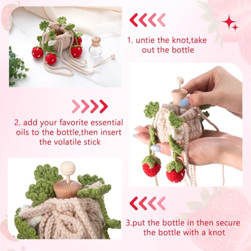 DaisyInner Cute Crochet Plant Car Freshener 12ml Empty Refillable Diffuser Bottle with Plants Hanging Accessories for Mother's Day Rearview Mirror Home Office Decor Women Gifts(Strawberry) - Image 4