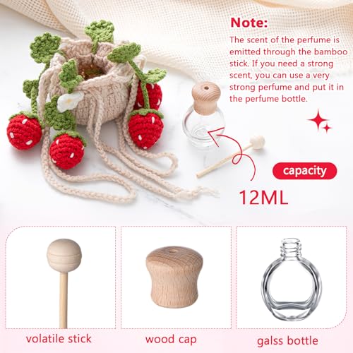 DaisyInner Cute Crochet Plant Car Freshener 12ml Empty Refillable Diffuser Bottle with Plants Hanging Accessories for Mother's Day Rearview Mirror Home Office Decor Women Gifts(Strawberry) - Image 3