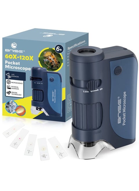 Pocket Microscope 60X-120X, Portable Handheld Microscope for Kids, Mini Microscope with 5pcs Microscope Slides for Learning, Education and Exploring