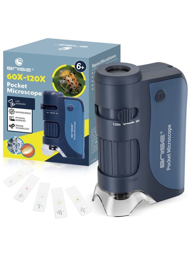 BNISE Pocket Microscope 60X-120X, Portable Handheld Microscope for Kids, Mini Microscope with 5pcs Microscope Slides for Learning, Education and Exploring  - Image 1