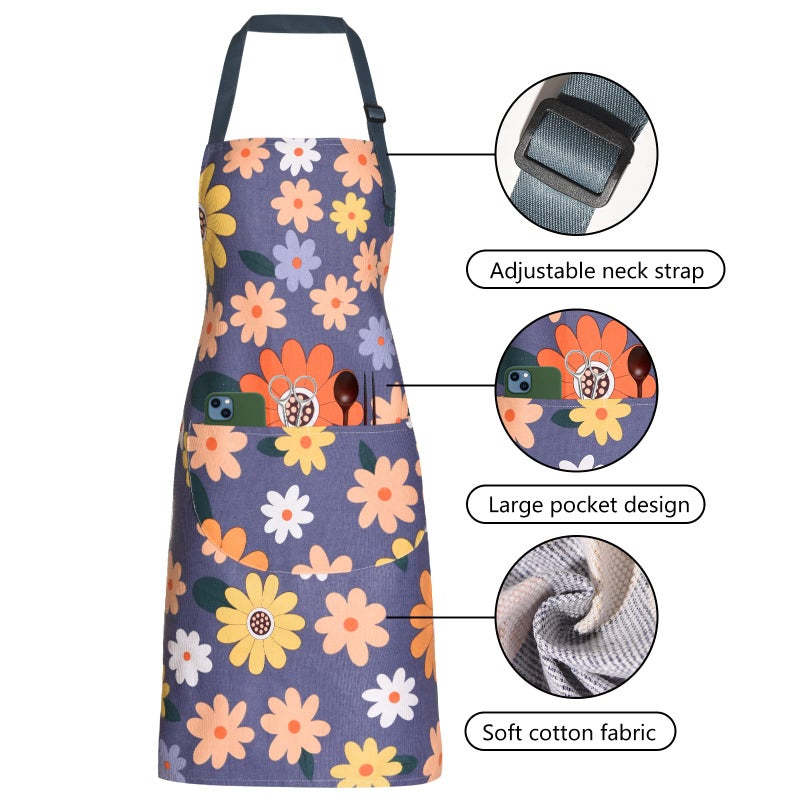 ARBINSON 2 Pack Floral Apron for Women with Pockets  Adjustable Cotton Chef Aprons for Kitchen  Cooking  BBQ & Grill (Blue/Flowers) - Image 3