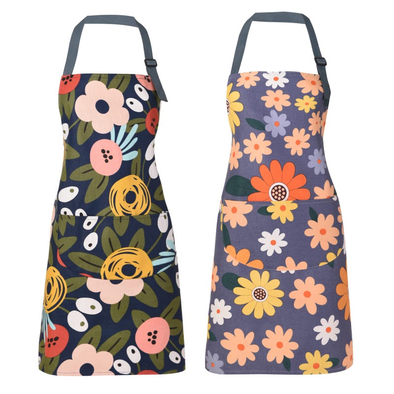 ARBINSON 2 Pack Floral Apron for Women with Pockets  Adjustable Cotton Chef Aprons for Kitchen  Cooking  BBQ & Grill (Blue/Flowers) - Image 1