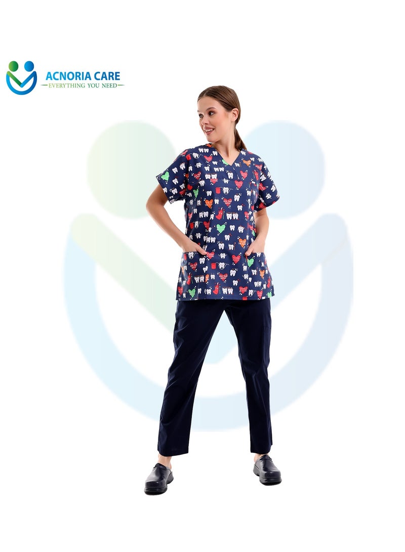 ACNORIA CARE Women's Printed Medical Scrubs Consisting Of Two Pieces Blouse And Pants 65% Polyester, 35% Cotton Blue Color - Size XL - From Acnoria Care  - Image 1