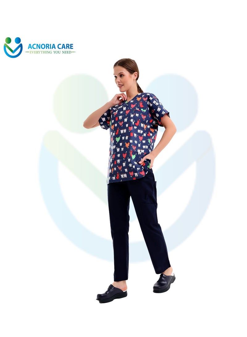ACNORIA CARE Women's Printed Medical Scrubs Consisting Of Two Pieces Blouse And Pants 65% Polyester, 35% Cotton Blue Color - Size XL - From Acnoria Care  - Image 4