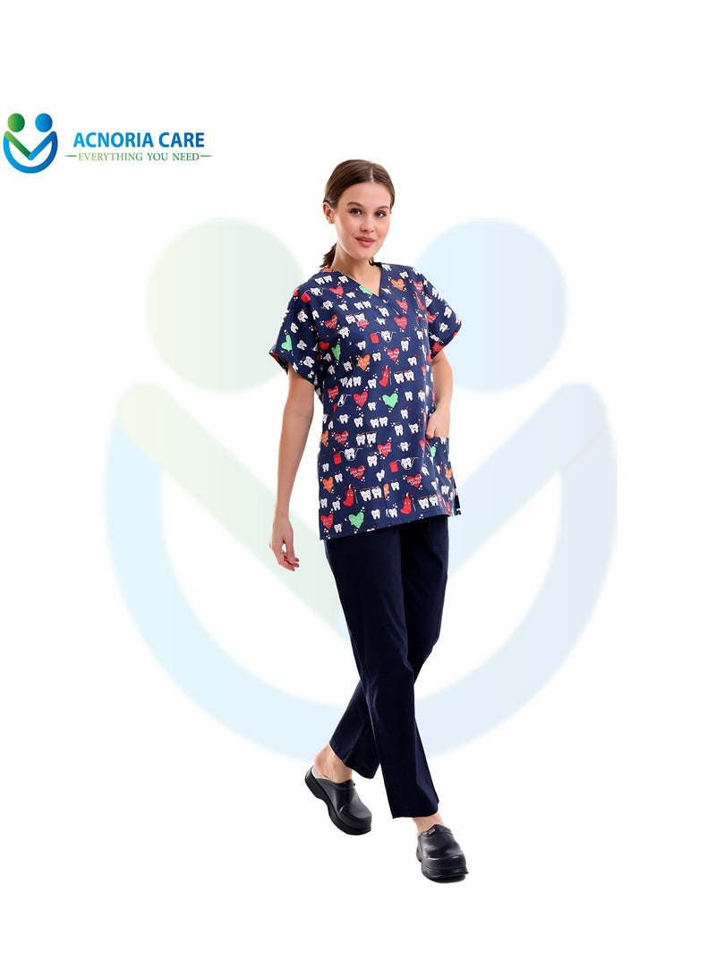 ACNORIA CARE Women's Printed Medical Scrubs Consisting Of Two Pieces Blouse And Pants 65% Polyester, 35% Cotton Blue Color - Size XL - From Acnoria Care  - Image 5