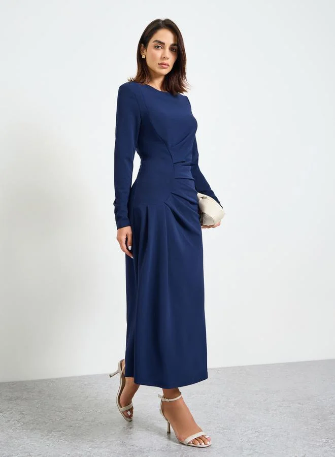 Take Two Navy Blue Solid Gathered Details Long Sleeves Midi Dress