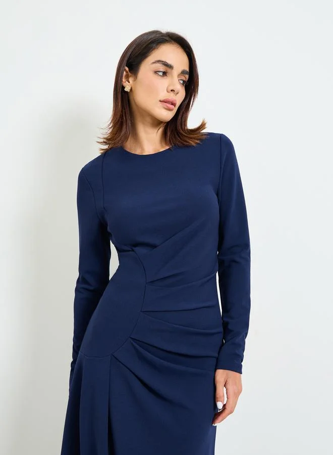 Take Two Navy Blue Solid Gathered Details Long Sleeves Midi Dress