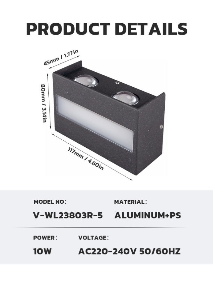 Vmax 10W IP65 Outdoor LED Wall Light, 3000K Warm White Up Down Wall Lamp, Waterproof Aluminum Wall Sconce, SMD Decorative Exterior Light for Villa, Garden, Gate, Corridor & Balcony - Image 5