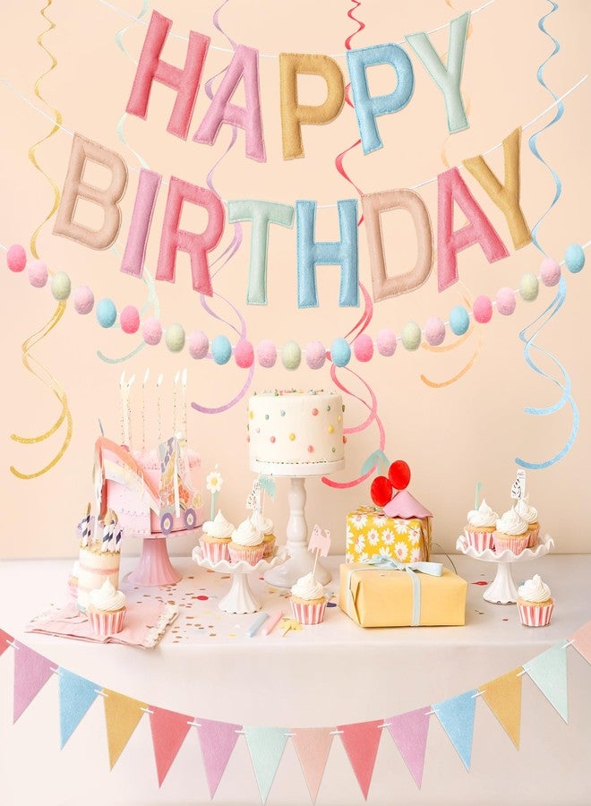 Kriyokiaa Pre-Strung Felt Happy Birthday Banner Retro Pastel Happy Birthday Party Decorations with Pom Pom Garland, Flag and Hanging Swrils for Women Girls Party Decor - Image 5