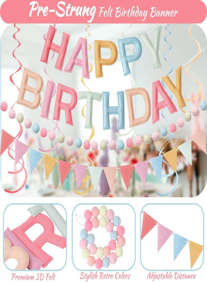 Kriyokiaa Pre-Strung Felt Happy Birthday Banner Retro Pastel Happy Birthday Party Decorations with Pom Pom Garland, Flag and Hanging Swrils for Women Girls Party Decor - Image 3
