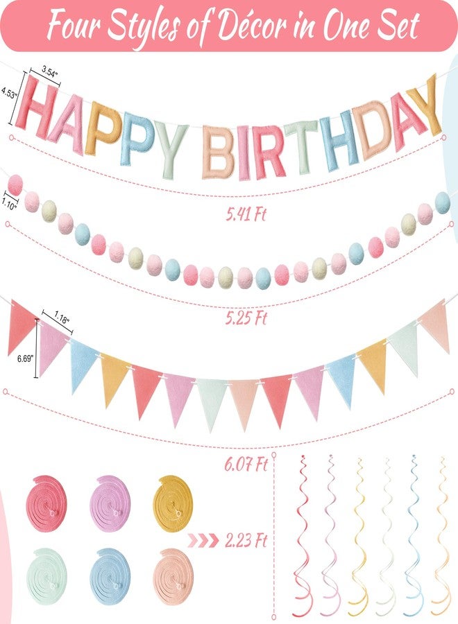 Kriyokiaa Pre-Strung Felt Happy Birthday Banner Retro Pastel Happy Birthday Party Decorations with Pom Pom Garland, Flag and Hanging Swrils for Women Girls Party Decor - Image 4