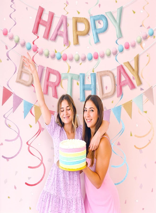 Kriyokiaa Pre-Strung Felt Happy Birthday Banner Retro Pastel Happy Birthday Party Decorations with Pom Pom Garland, Flag and Hanging Swrils for Women Girls Party Decor - Image 2