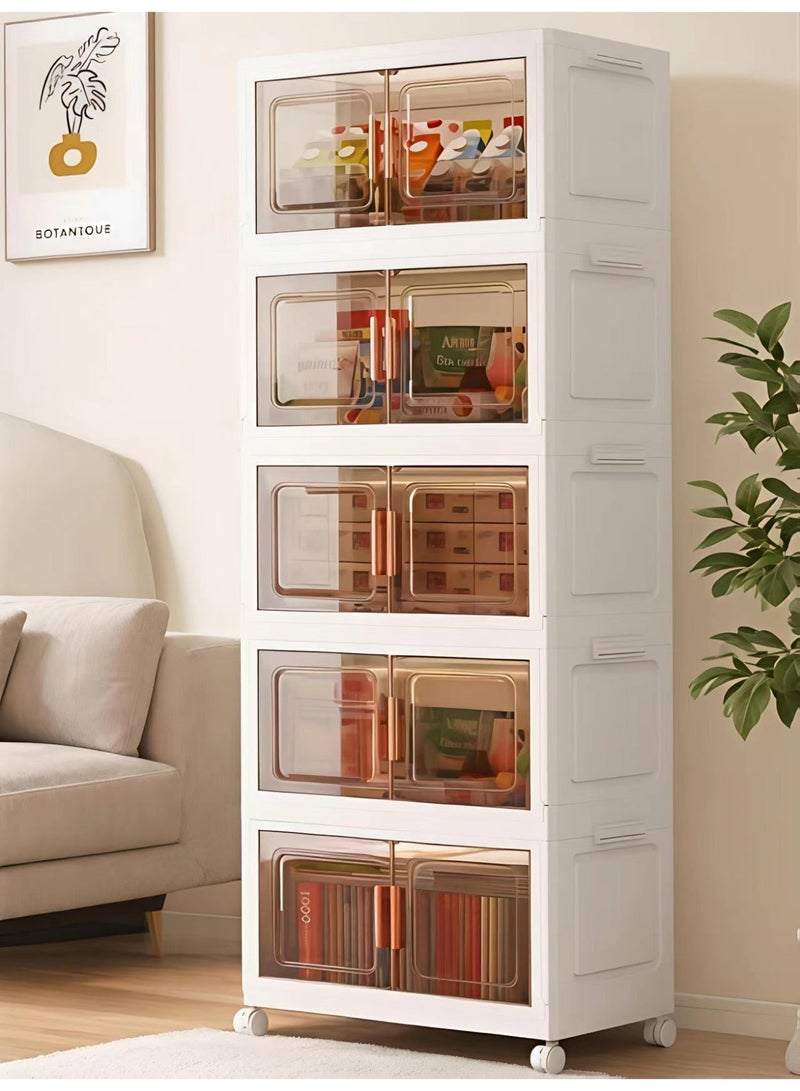 ChenDa 5‑Tier Foldable Storage Cabinet with Wheels, Magnetic Transparent Brown Double‑Door PP Storage Organizer, Versatile Home Organizer for Living Room, Bedroom, Kitchen, Storage Room - Image 1