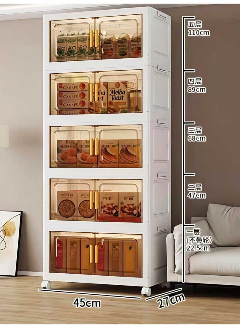 ChenDa 5‑Tier Foldable Storage Cabinet with Wheels, Magnetic Transparent Brown Double‑Door PP Storage Organizer, Versatile Home Organizer for Living Room, Bedroom, Kitchen, Storage Room - Image 2