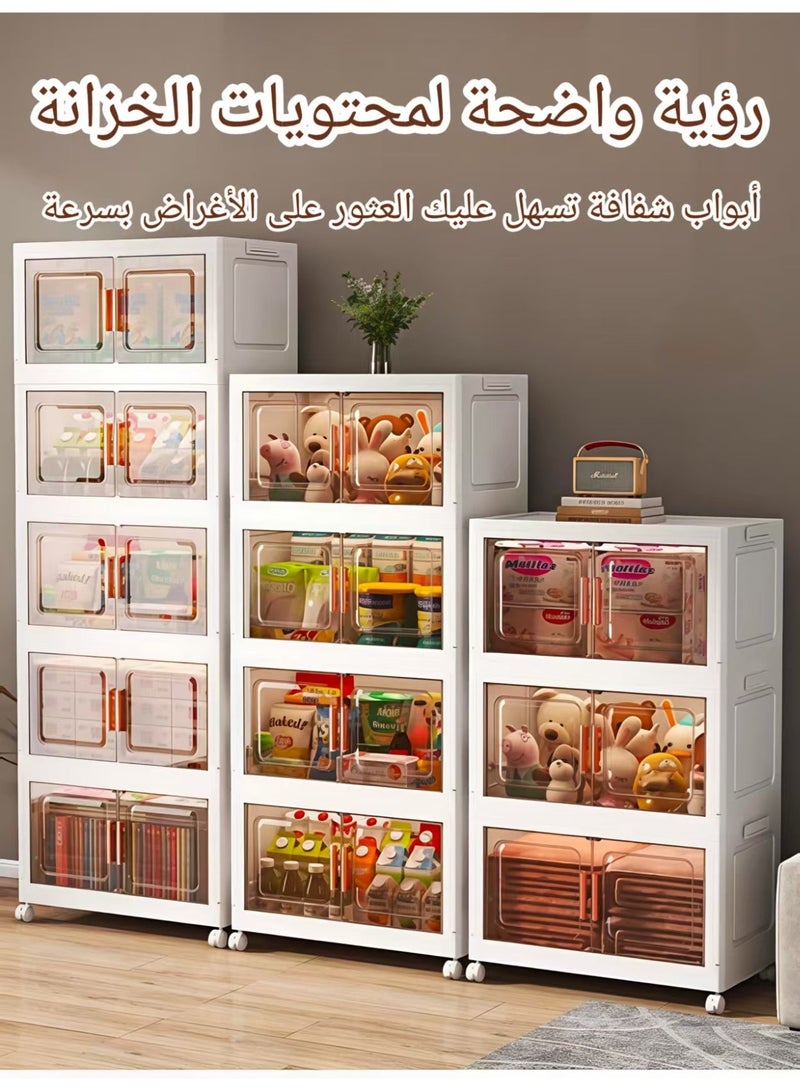 ChenDa 5‑Tier Foldable Storage Cabinet with Wheels, Magnetic Transparent Brown Double‑Door PP Storage Organizer, Versatile Home Organizer for Living Room, Bedroom, Kitchen, Storage Room - Image 5
