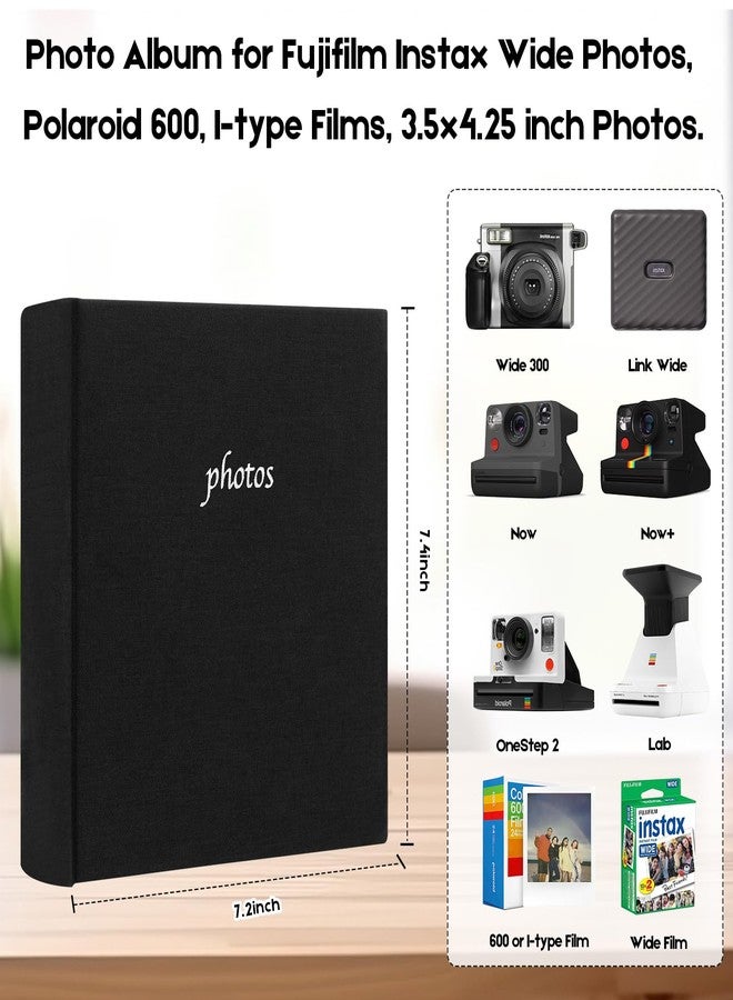 فيسيفول ألبوم صور Veicevol لكاميرا Fujifilm Instax Wide 300، غلاف من الكتان، ألبوم صور بـ 120 جيبًا مع مساحة للكتابة لكاميرا Polaroid Now OneStep2 OneStep+ الفورية، وكاميرا POP Lab للطباعة (أسود) - Image 2