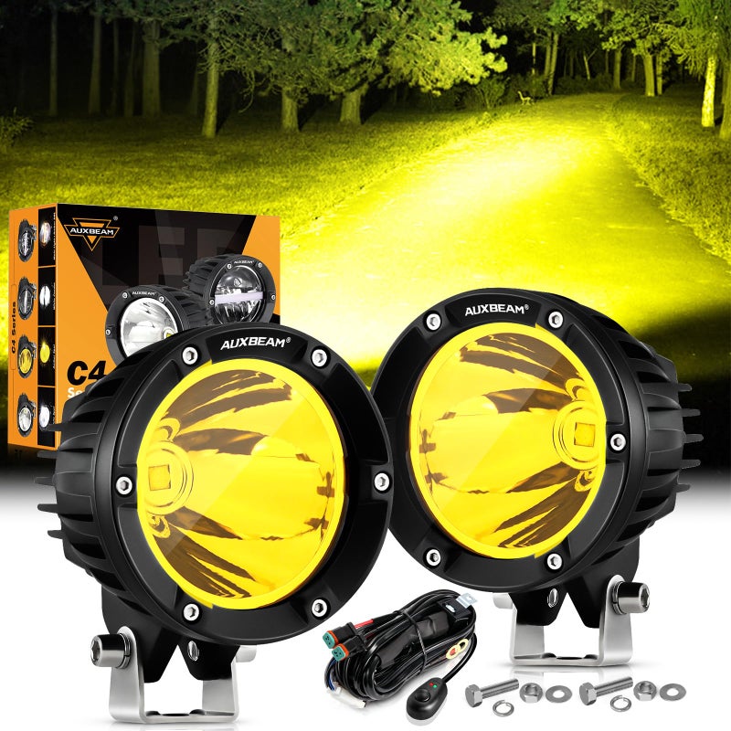 Auxbeam 4In 72W Amber Fog Light Round Led Offroad Light 2PCS 7200LM Amber Light Pod with Wiring Harness Kit Super Bright Driving Light Yellow Spot Beam Light Bar for Jeep Motor SUV ATV UTV Wrangler