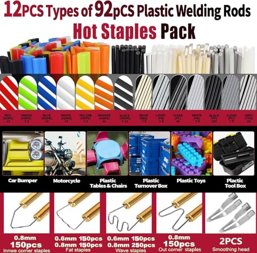 Miotorio 220w Plastic Welder,Upgraded 2 in 1 Plastic Welding Kit,Plastic Repair Kit 1000pcs Hot Staples & 92pcs Plastic Welding Rods for Car Bumper Plastic Crack Repair (Red) - Image 4