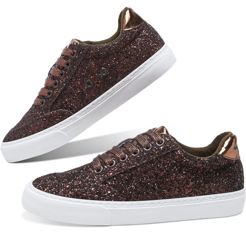 Jeekopeg Glitter Sparkly Fashion Sneakers Shoes Shiny Casual Shoes Bling Sequin Concert Low Cut Lace up Shoes(Brown Glitter,8 Women/6.5 Men) - Image 1