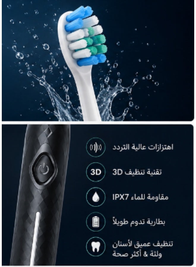 Planet Health Rechargeable electric toothbrush, 5 optional fast charging modes, ultrasonic with built-in 2-minute timer and 2 replacement brush heads, black - Image 3