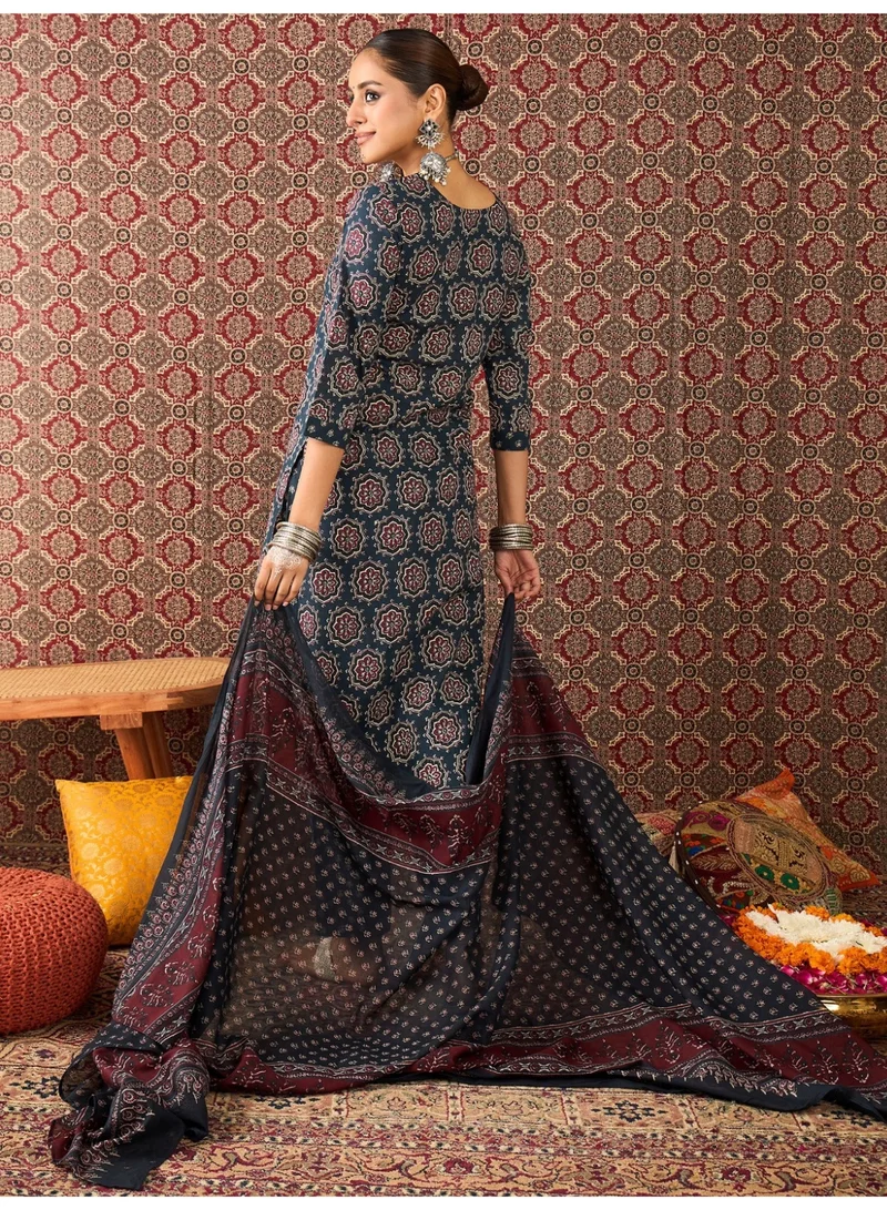 Ameya  Navy-blue-printed-pure-cotton-straight-kurta-sets-with-dupatta for Women | Best Price UAE
