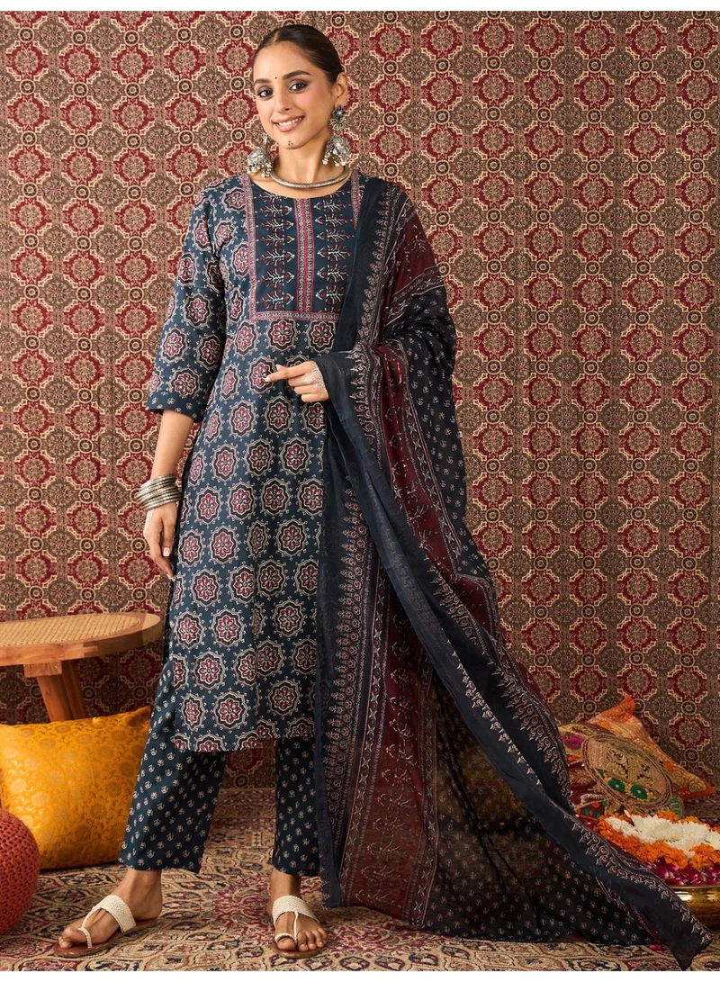 Ameya  Navy-blue-printed-pure-cotton-straight-kurta-sets-with-dupatta for Women | Best Price UAE