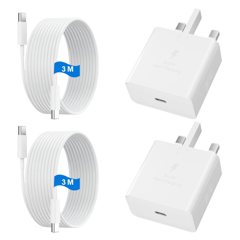 DiHines USB C Charger for Samsung Fast Charger USB C Plug & Cable 3M Long 25W Type C Super Fast Phone Charging Android Adaptor UK 2-Pack for Galaxy S25 Ultra/S24/S23/S22/S21/A56/A36/A17/A16/Note 20/10 White - Image 1