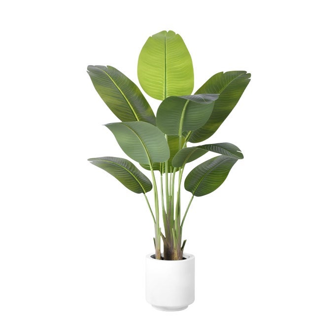 ARTIFICIAL BIRD OF PARADISE PLANT 4FT TALL FAKE TROPICAL PALM TREE LARGE FAKE PLANTS WITH 9 SILK BANANA LEAVES FAUX PLANT INDOOR DECOR TREES WITH WHITE POT FOR HOME BEDROOM LIVING ROOM OFFICE