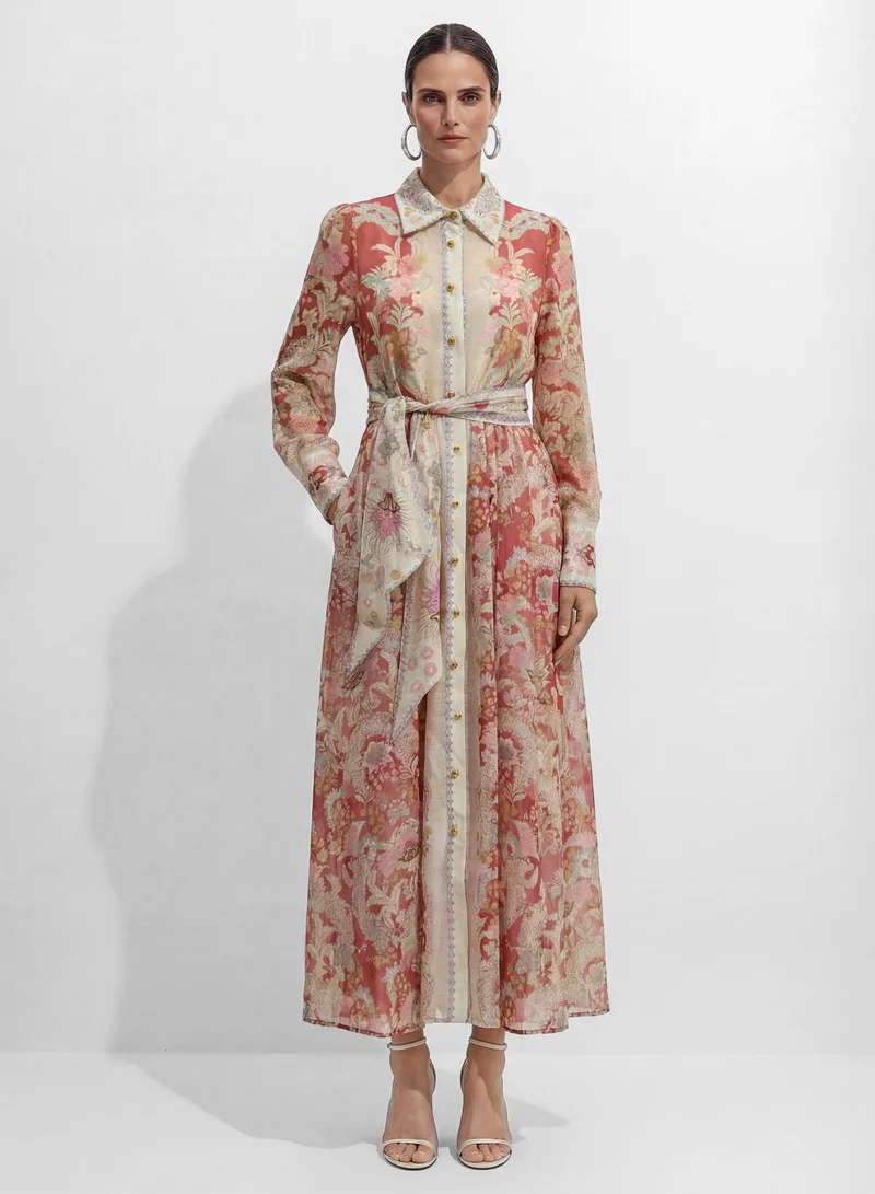 سنفير Secret Garden Pink Floral Print Long Sleeve Maxi Dress