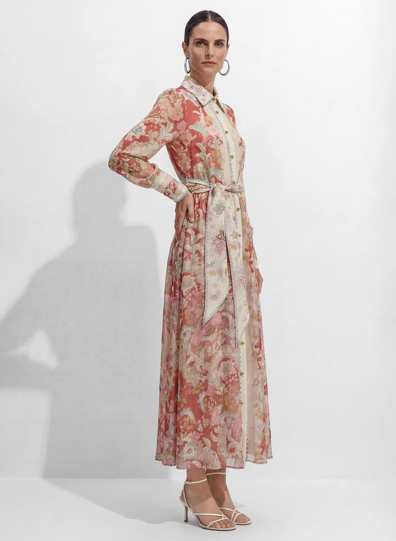 سنفير Secret Garden Pink Floral Print Long Sleeve Maxi Dress