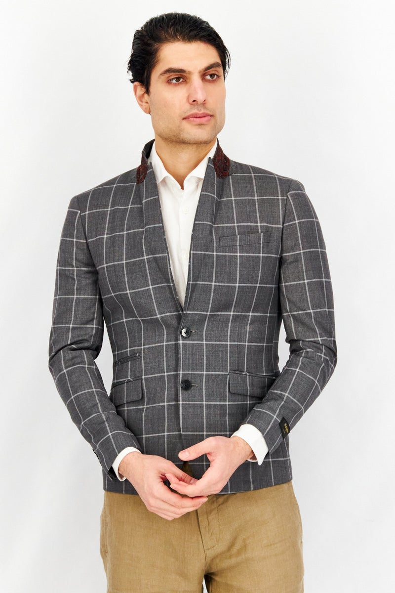 SELECTED Men Slim Fit Grid Formal Blazer, Grey - Image 1