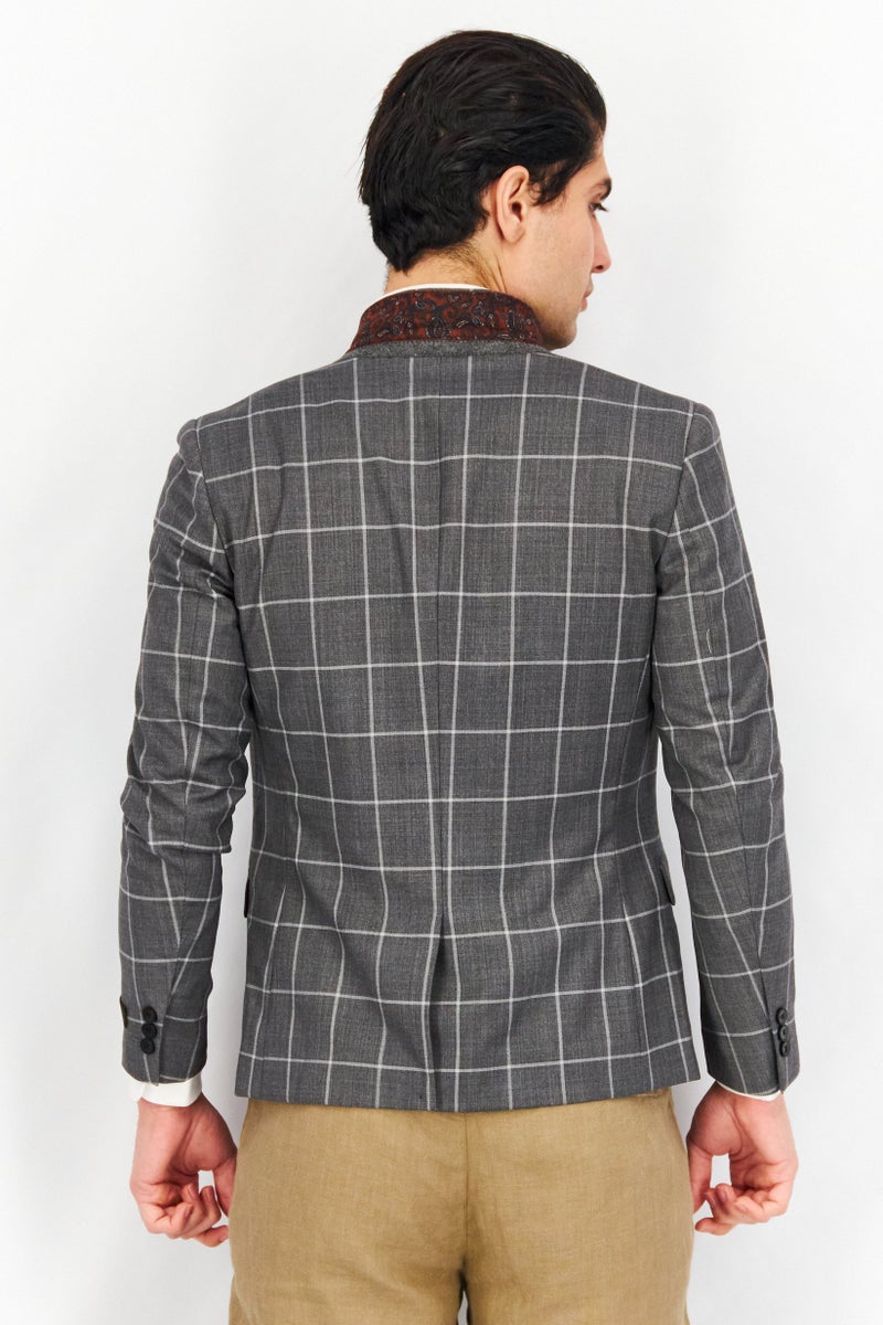 SELECTED Men Slim Fit Grid Formal Blazer, Grey - Image 2