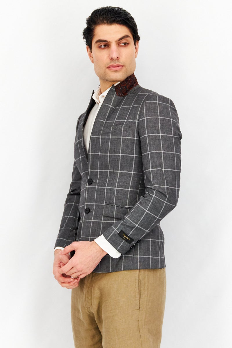 SELECTED Men Slim Fit Grid Formal Blazer, Grey - Image 4