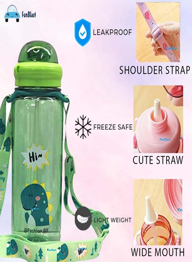 Funeiko Cute Water Bottle for Kids – Cartoon Animal Design Sipper Bottle with Straw & Adjustable Strap Stylish Water Bottle with Sipper, School Water Bottle for Kids – 520 ML (Dino) - Image 3