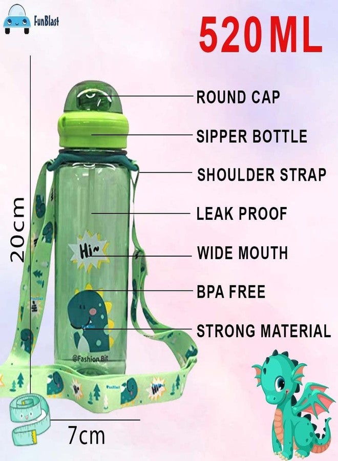Funeiko Cute Water Bottle for Kids – Cartoon Animal Design Sipper Bottle with Straw & Adjustable Strap Stylish Water Bottle with Sipper, School Water Bottle for Kids – 520 ML (Dino) - Image 2