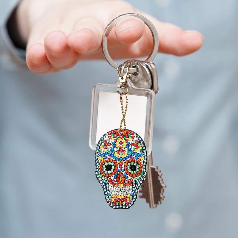 ThsGivingStore 5 Pcs Sugar Skull DIY Diamond Painting Keychains Kit, Diamond Art Keychains for Women Men Kids, Crystal Rhinestone Diamond Skull Hanging Charms for Bag, Purse, Phone or Car Decoration - Image 4
