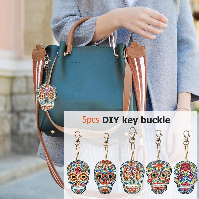 ThsGivingStore 5 Pcs Sugar Skull DIY Diamond Painting Keychains Kit, Diamond Art Keychains for Women Men Kids, Crystal Rhinestone Diamond Skull Hanging Charms for Bag, Purse, Phone or Car Decoration - Image 2