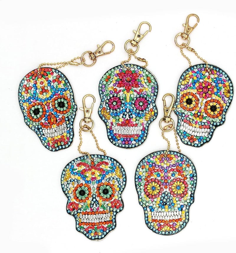 ThsGivingStore 5 Pcs Sugar Skull DIY Diamond Painting Keychains Kit, Diamond Art Keychains for Women Men Kids, Crystal Rhinestone Diamond Skull Hanging Charms for Bag, Purse, Phone or Car Decoration - Image 1